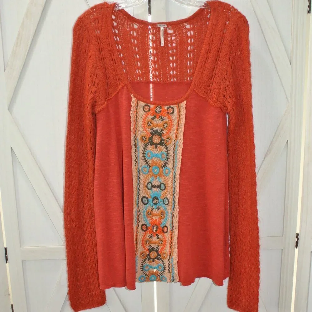 Free People Boho Crochet Sleeve Embroidery Panel Top